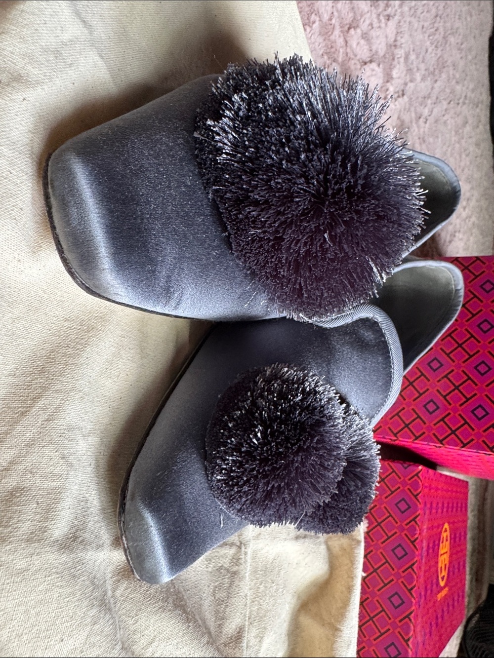 Tory Burch Slate Gray Leather Pom-Pom Loafers - Picture 9 of 14